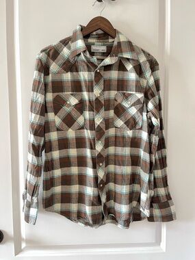 Wrangler Brown, Cream & Blue Plaid Button-Down Shirt